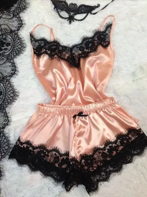 Summer Sexy Pijama Mujer WOMEN'S Lingerie Silk Fabric Large Size Sleeveless Homewear Two Piece Set Lace Pajama Shorts Pyjamas