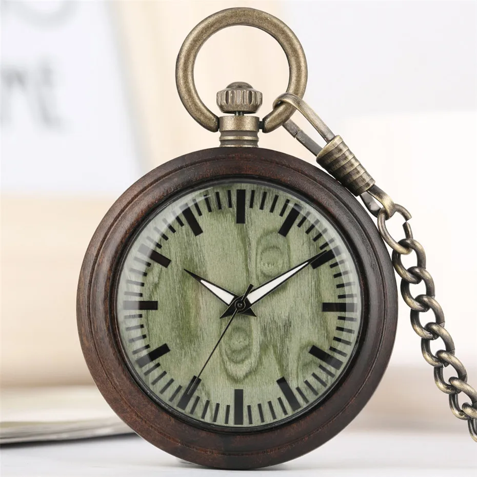Новый Зеленый циферблат из черного дерева кварцевые карманные часы минималистичный ретро кулон часы с бронзовой подвесной цепочкой +