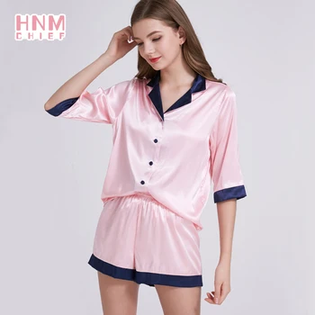 

HNMCHIEF Pink ajamas for Women Silk Home Wear Short Sleeve Loungewear Pyjamas Women Pijama Sleepwear Pj Set Satin Nightwear Set