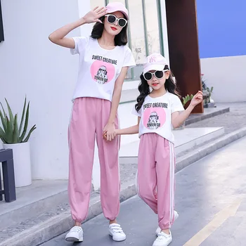 

2020 Summer Family outfits clothing Summer mother daughter Woman Girl cotton T shirts & trousers 2pcs/sets family clothes Sport