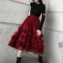 Женская подиумная модная осенне-зимняя красная плиссированная сетчатая юбка с высокой талией Женская шикарная винтажная длинная сетчатая юбка TB666