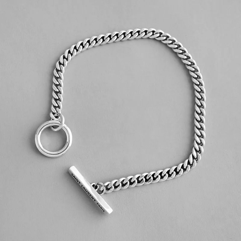 

4MM Authentic 925 Sterling silver chunky Flat Link Chian Bracelet fine jewelry Toggle lock Handmade stamped s925 TLS198