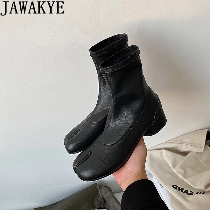 Novelty Split Toe black leather Over the knee thigh high boots for Women New Sexy low heel sock Long booties botas largas mujer