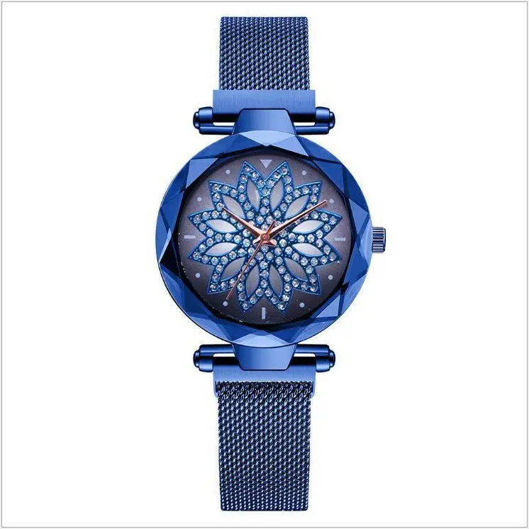 Роскошный цветок из нержавеющей стали сетчатый браслет часы для женщин Кристалл Аналоговые кварцевые наручные часы дамы Спортивное платье часы - Цвет: Blue