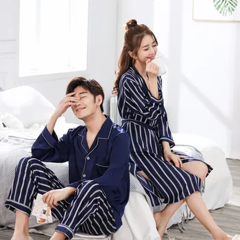 

Couple Pajamas 2020 Spring and Autumn Simulation Silk Suit Ice Silk Stripe Strap Pajamas Set
