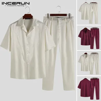 

INCERUN Mens Suits Fashion Solid Color Short Sleeve Lapel Shirt Men Sets Streetwear Button Soft Pants Breathable 2 Pieces Sets