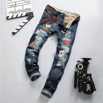 

Straight fit denim men torn jeans badge pants ink splashed old fashion pants European and American style