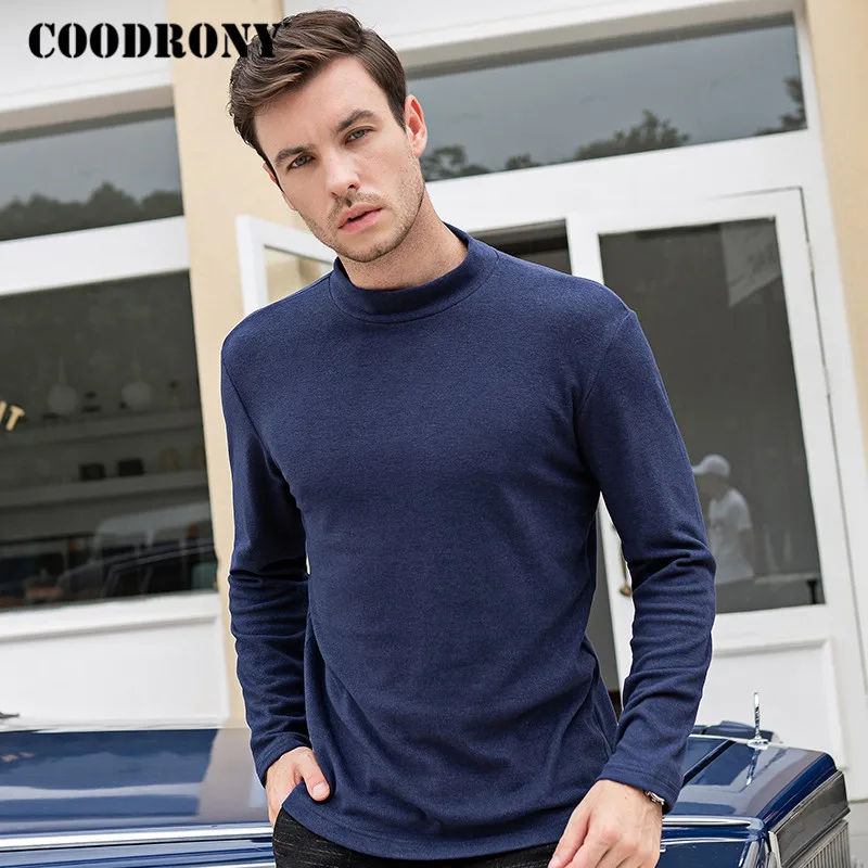 Cena COODRONY marka koszulka z długim rękawem mężczyźni dzianina bawełniana koszulka Homme długa koszula moda stójka w stylu casual T shirt C5006