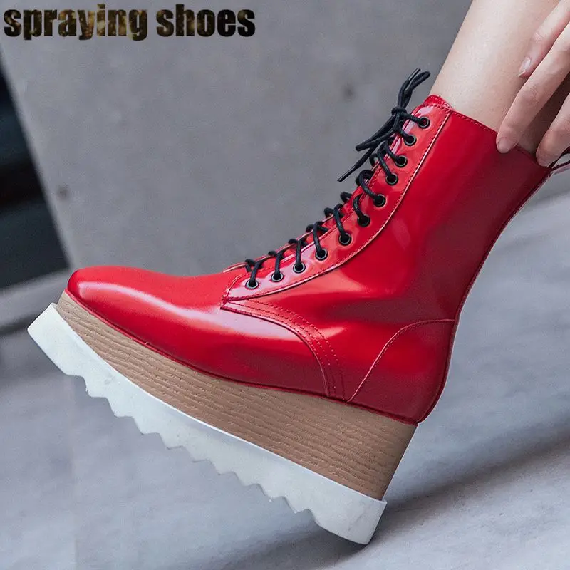 

Women High Platform Boots Chic Square Toe Martin Boots Red/Green/Black Leather Booties Autumn Winter Shoes Ladies Lace Up Boots