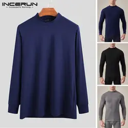 INCERUN/Мужское повседневное однотонное нижнее белье с круглым вырезом и полувысоким воротником, пуловеры для дома, топы с длинными рукавами