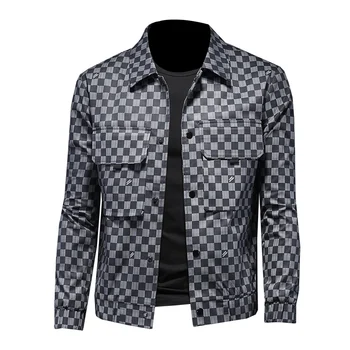

2020 autumn new men's casual jacket suit collar houndstooth jacket short color matching jacket big pocket