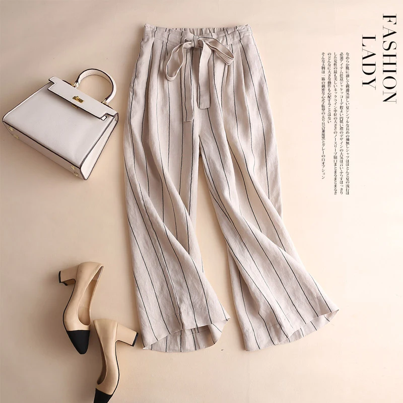 

New Arrival Spring Summer Women High Waist Cotton Linen Striped Wide Leg Pants All-matched Casual Loose Pants S593