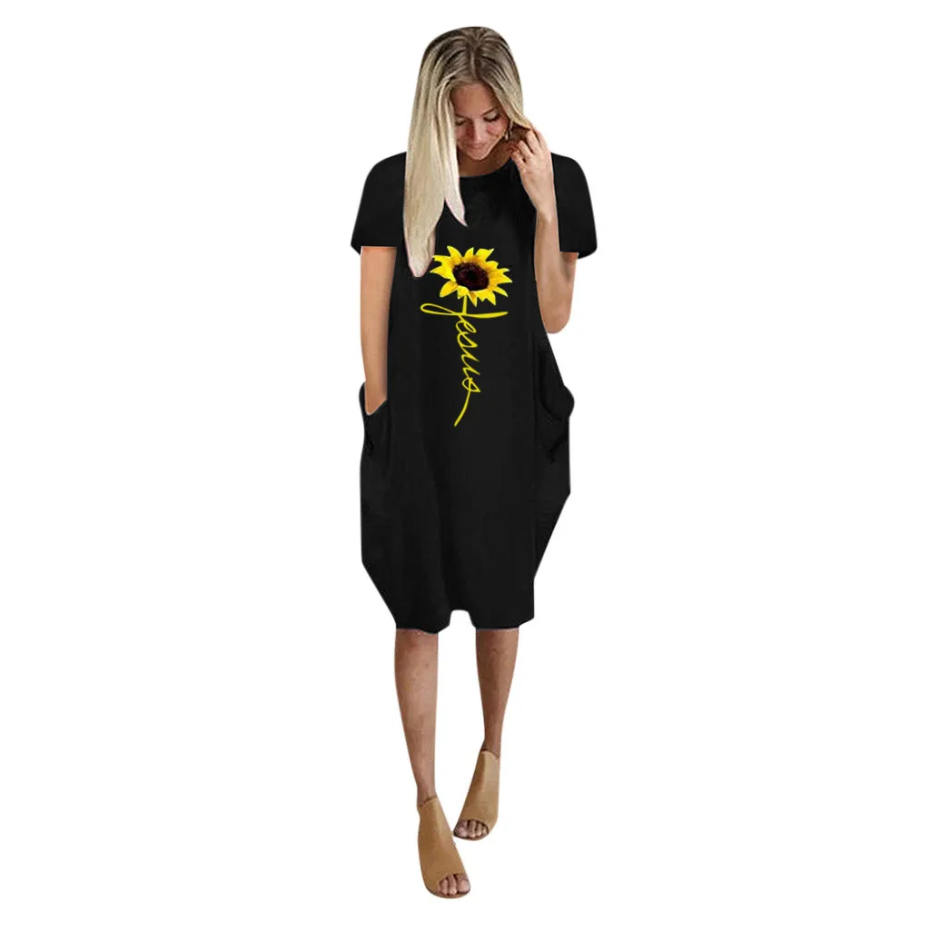 Women Casual Loose Dress with Pocket Ladies sunflower printin O Neck Long Tops Female T Shirt Dress Streetwear Plus Size vestido