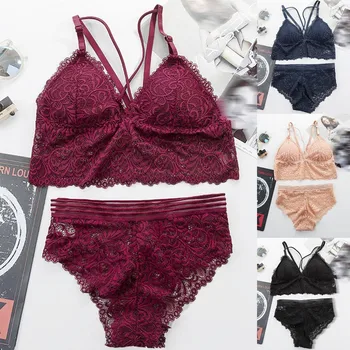 

2S#Women Sexy Lingerie Lace Floral Bralette Bra Brief Sets Crop Top Thong Sheer Mesh Triangle Bustier Soft See Through Underwear