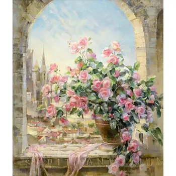 

K1976 YIKEE Diamond Painting Full Drill Kit " Flowers on the Window " Diamond Embroidery 5D DIY Diamonds Mosaic Cross Stitch