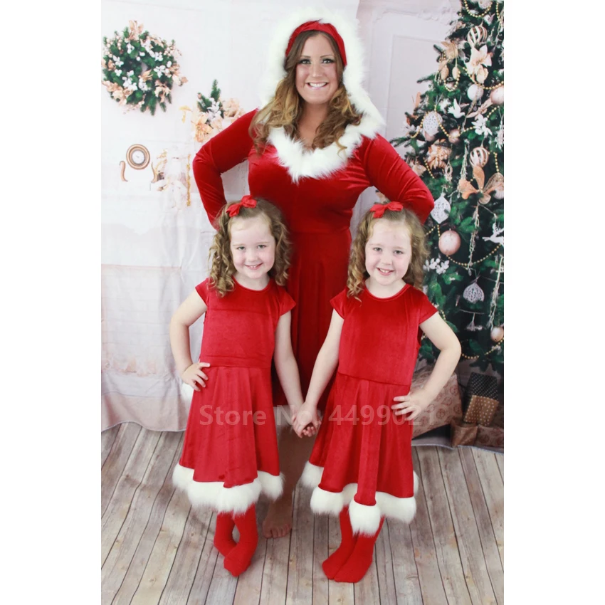 Oneset Новогодняя и Рождественская Пижама для мамы и дочки; красное платье с меховым капюшоном и Санта-Клаусом; одежда для сна; семейный карнавальный костюм; вечерние платья - Цвет: Oneset