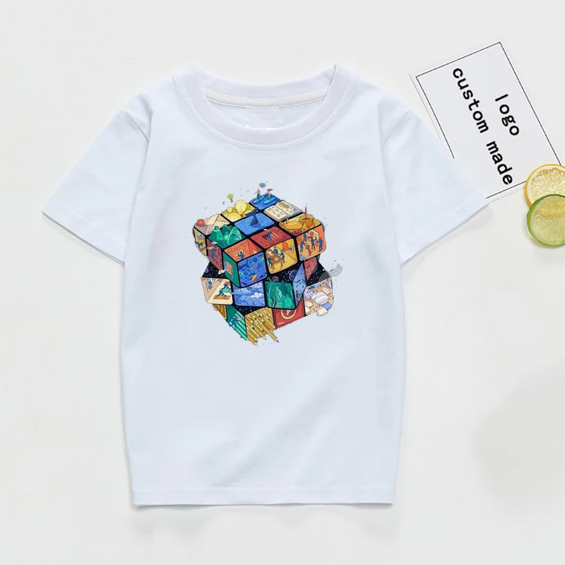 Футболка для мальчиков и девочек с рисунком из мультфильма, хлопок, Harajuku, летний детский топ, футболка для девочек, забавный круглый Детский рюкзачок, футболка с воротником, Tumblr, Детская рубашка