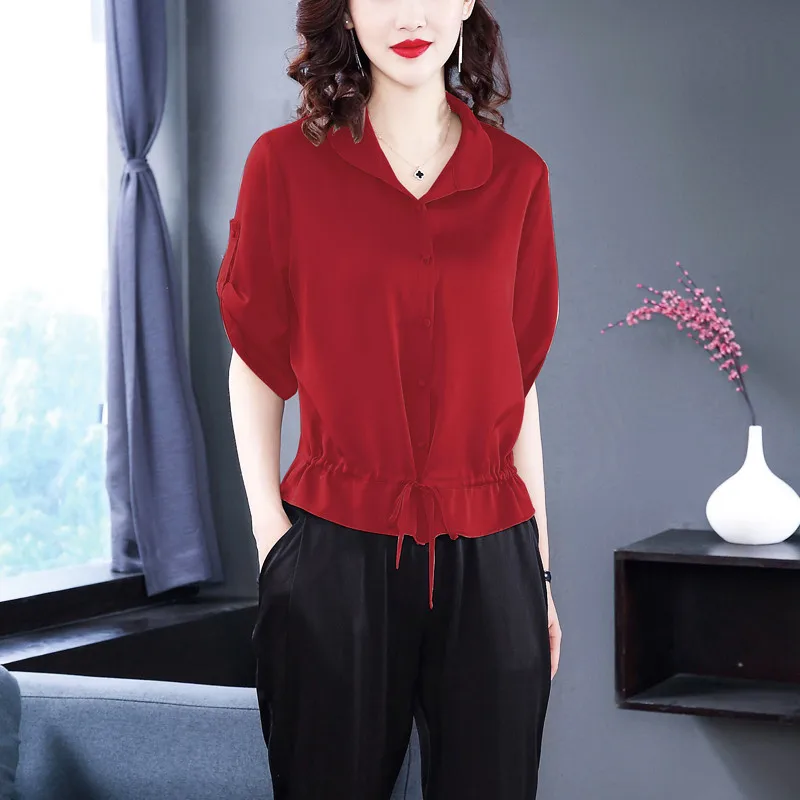 Летняя Новинка, Высококачественная женская рубашка из натурального шелка, модный отложной воротник, Женская свободная мягкая плиссированная шелковая блузка, офисные Топы - Цвет: 030 as pic