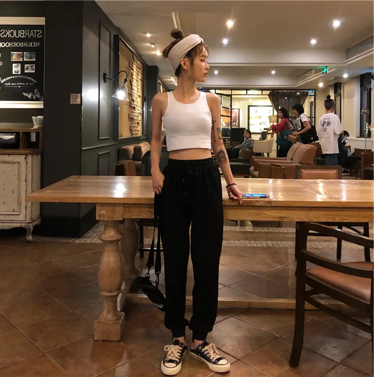 Korean chic White High Waist Harem Pants Women Casual Loose Black Long Pants Female Summer Pocket Lace-up Elastic Trousers