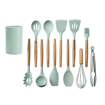

12pcs Kitchen Utensil Set High Quality Silicone Cooking Tools Set Household Wooden Handle Turner Cooking Various Kitchenware Set