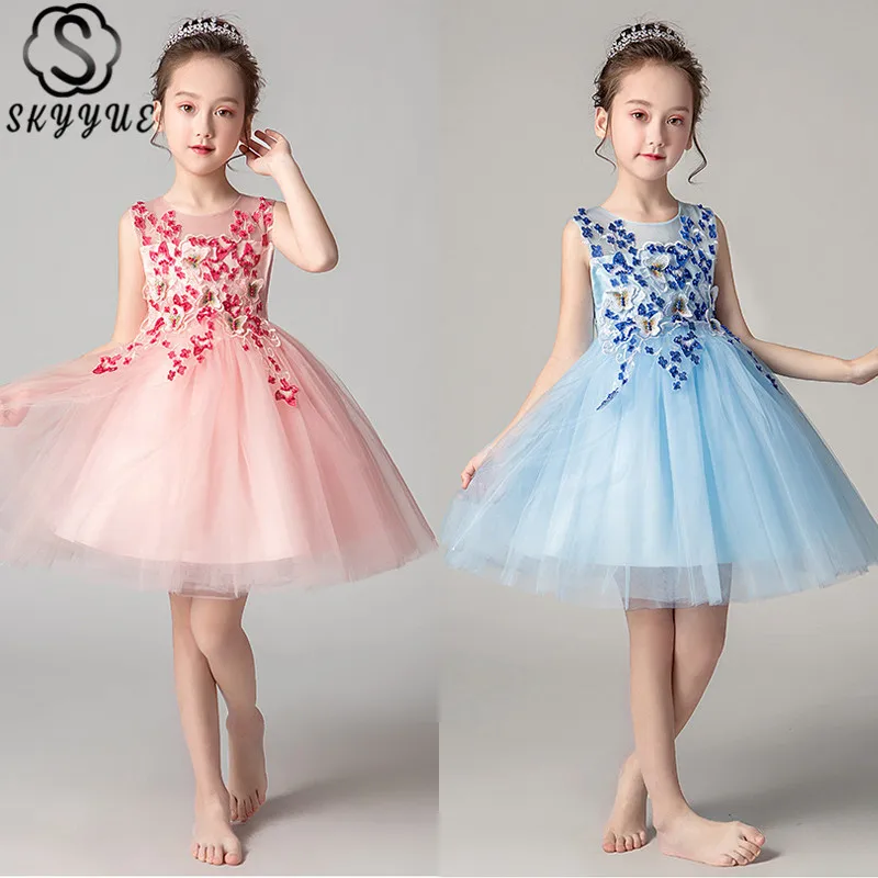

Skyyue Illusion Beeding Flower Girl Dress for Wedding Appliquie Lace Sleeveless Backless Kid Party Communion Gown 2019 DK2979