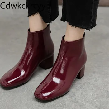 

winter The New fashion British style Square head Short tube Stovepipe Martin boots black Red wine zipper High heels Women boots