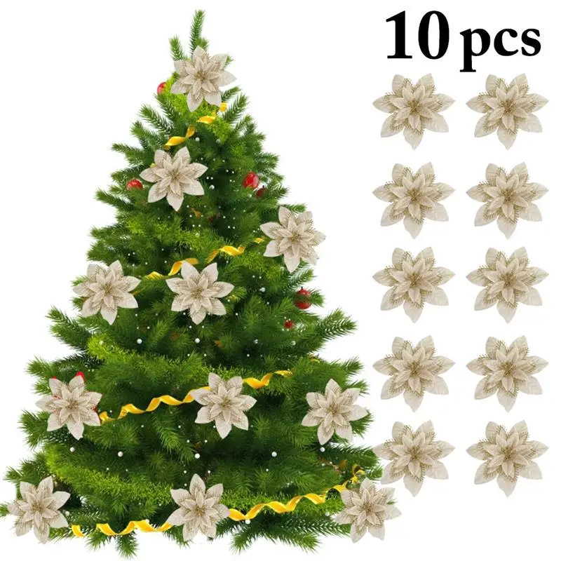 

10 Pcs/Set Artificial Christmas Flowers Glitter Fake Plastic Flowers DIY Xmas Tree Decoration For Merry Christmas Party Supplies