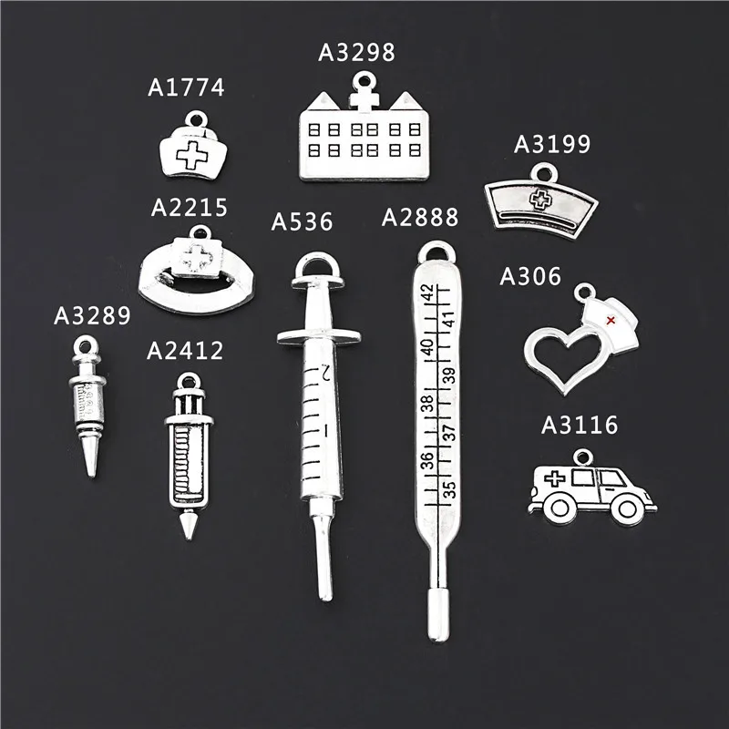 

10Pcs Antique Sliver Medicine Hospital Syringe Charms Nurse cap Ambulance Thermometer Pendant Jewelry Wholesale