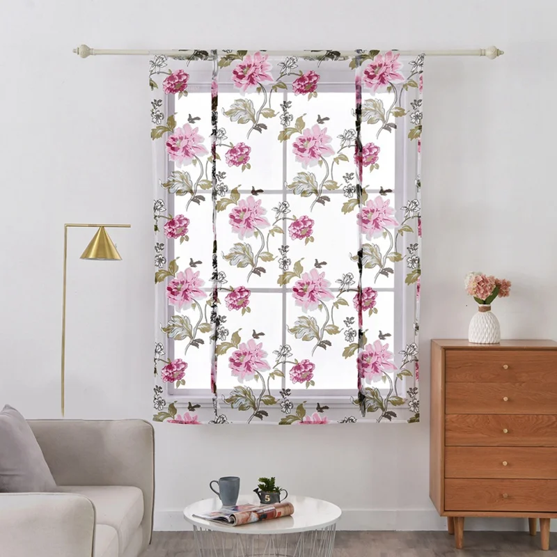 

1 Panel Rod Pocket Top Tie Up Roman Curtain Flowers Printed Lift Sheer Curtain Drapes Voile Valances For Small Window Store Cafe