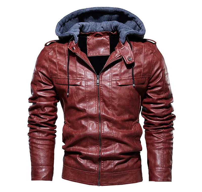 Осенне-зимняя мужская кожаная куртка, Повседневная модная мотоциклетная куртка с капюшоном, Мужская теплая флисовая куртка из искусственной кожи, мужская приталенная куртка
