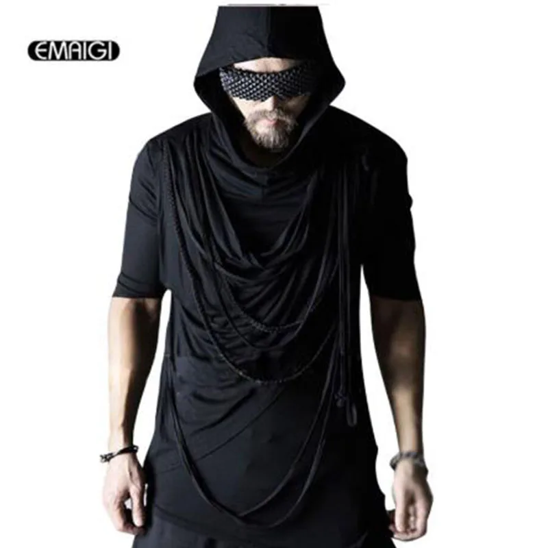 

New Men Hooded T Shirts Punk Rock Stage Show Clothing Male Casual Half Sleeve Rope Tees Shirts Black Slim Tshirt
