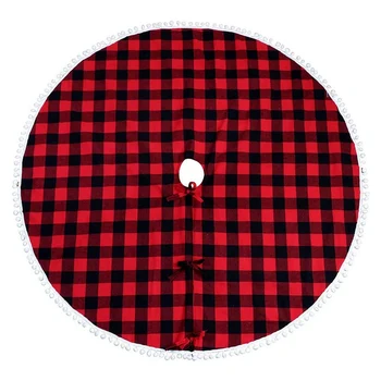 

1 Pcs Plaid Christmas Tree Skirt Red and Black Xmas Tree Skirts with Pom Pom for Christmas Decorations