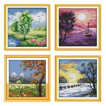 

Countryside Four Seasons Landscape Printed Pattern Cross Stitch Kit 11CT 14CT Canvas Embroidery Needlework Kit Manual Needlework