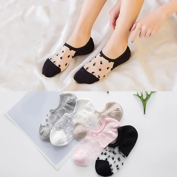 

2Pairs Women Fashion Ankle Socks Summer Transparent Invisible Boat Socks Girl Dot Mesh Thin Socks