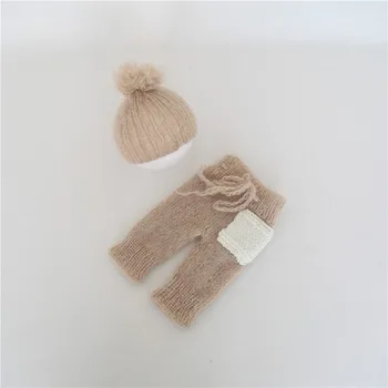 

Pom Pom Newborn Hat and Pant Knitted Baby Boy Cap Crochet Outfit for newborn Photogaphy Props Handknitted Baby GIrl Bonnet Suit