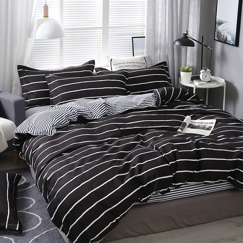 Reactive Printing Black Stripe King Size Bedding Set Autumn Winter Thickening Duvet Cover Simple 3-4 Pcs Bedclothes N98 | Дом и сад