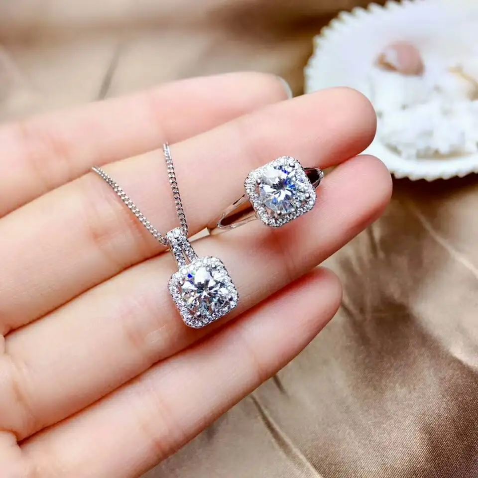 

MeiBaPJ VVS1 2 Carats Moissanite Gemstone Jewelry Set 925 Silver Ring Pendant Necklace 2 Pieces Suits Wedding Jewelry for Women