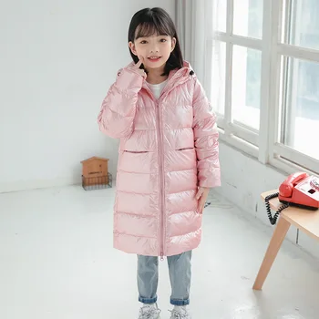 

White Duck Down New Mid-length Children Down Jacket Thick Warm Hooded Bright Face Over The Knee Kids Clothing