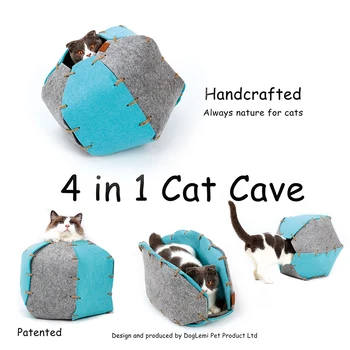 

4 In 1 Functional Cat Cave Handmade Natural Cat Playing Sleeping Room Nature Felt Handcrafted Cat House Bed Pet Supply 1PCS
