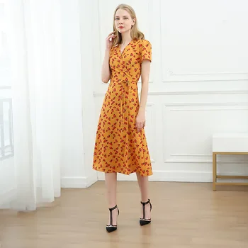 

2020 French floral women office dress V neck chiffon dress wrapped waist slim Platycodon grandiflorum female summer vestidos