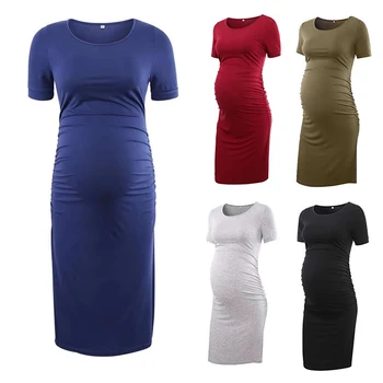 

CYSINCOS New Maternity Clothes O-neck Short Sleeve Pregant Mom Tight Dress Sexy Women Solid Coler Elastic Summer Maternity Dress