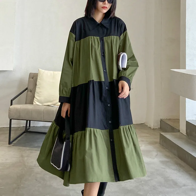 

XUXI Stitching Fashion Dress Women Loose Thin Contrast Long Sleeve Dresses Casual A-Line Mid-Calf High Waist Autumn 2020 FZ3034