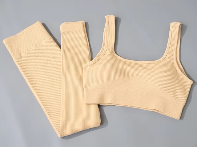 BURGUNDY 2 Piece Set Ribbed Seamless Outfits Yoga Leggings Fitness Wear Womens Sports Bra Gym Pants Workouts Scoop Notch CARAMEL Cream scoop