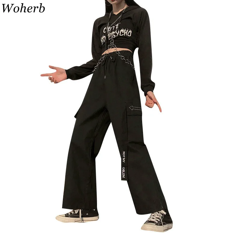 Woherb Harajuku BF модные широкие брюки с высокой талией, женские свободные прямые брюки с карманами, женская уличная одежда в стиле хип-хоп 91424