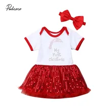 Брендовая одежда для новорожденных для маленьких девочек Рождественская одежда My 1st Рождественские Ползунки с коротким рукавом блестками нарядное платье-пачка: повязка на голову, костюм