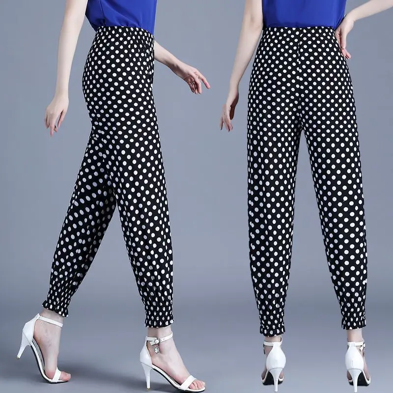 Summer Pants Women Cool Rayon Loose Drawstring Print Dot Casual Mom Sweatpants Big Size Fashion Harem Print Trousers