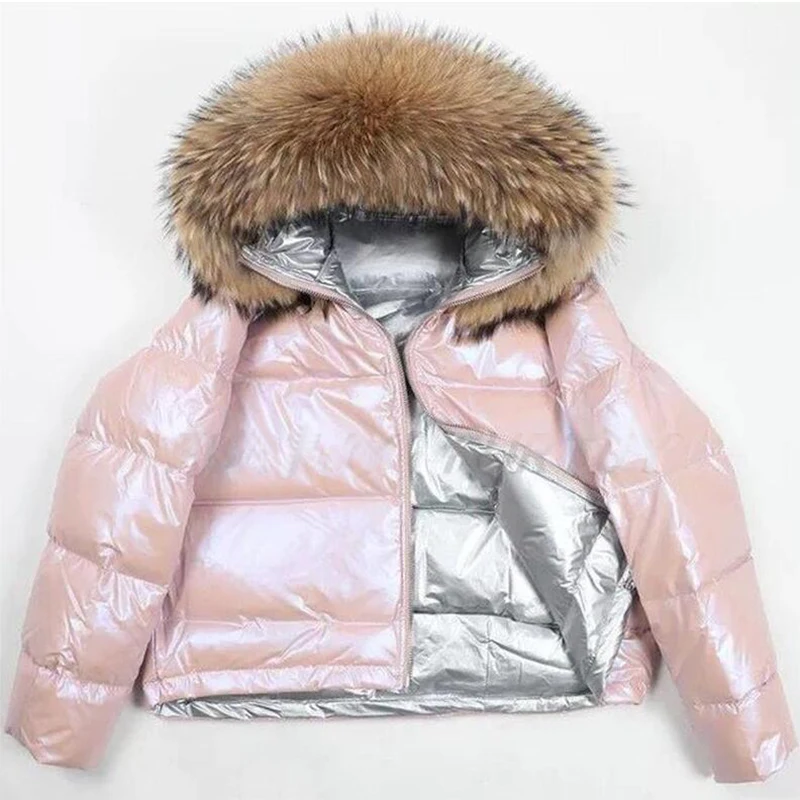 Пальто с натуральным мехом, Воротник из натурального Лисьего меха,, зимняя куртка для женщин, свободный короткий пуховик, куртка на белом утином пуху, Толстая теплая пуховая парка - Цвет: pink 2