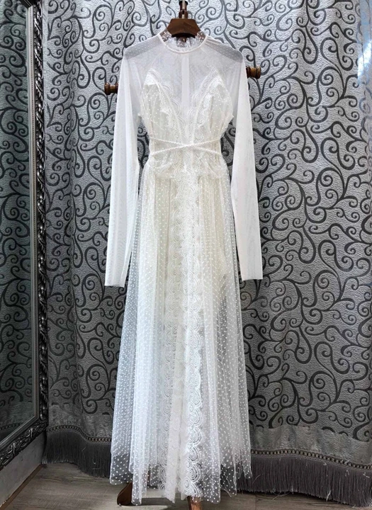

2019 Early Autumn New Woman's Round Neckle Belt Receiving Waist Perspective Pure Long Sleeve Dress 822