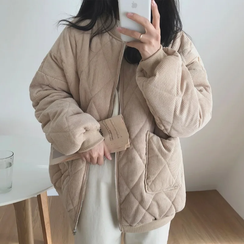 Autumn Winter Korean Style Women Oversize Jackets V-neck Puffer Corduroy Parkas New 2022 Ladies Loose Warm Retro Wild Chic Coat | Женская