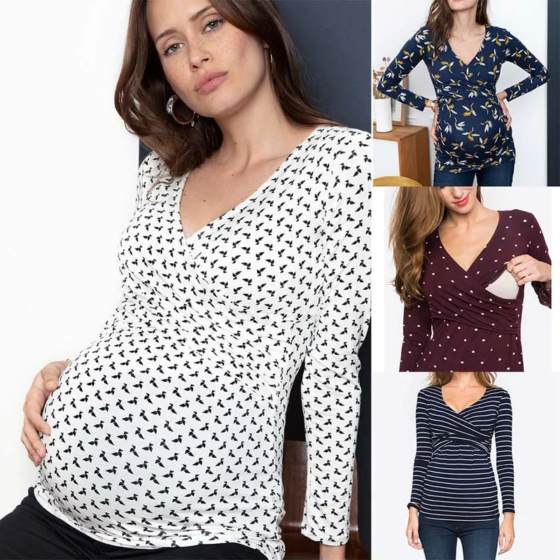 Одежда для беременных кормящих женщин с принтом для беременных кормящих женщин с v-образным вырезом крест кормящих топ с длинным рукавом Одежда для кормления грудью беременность футболка